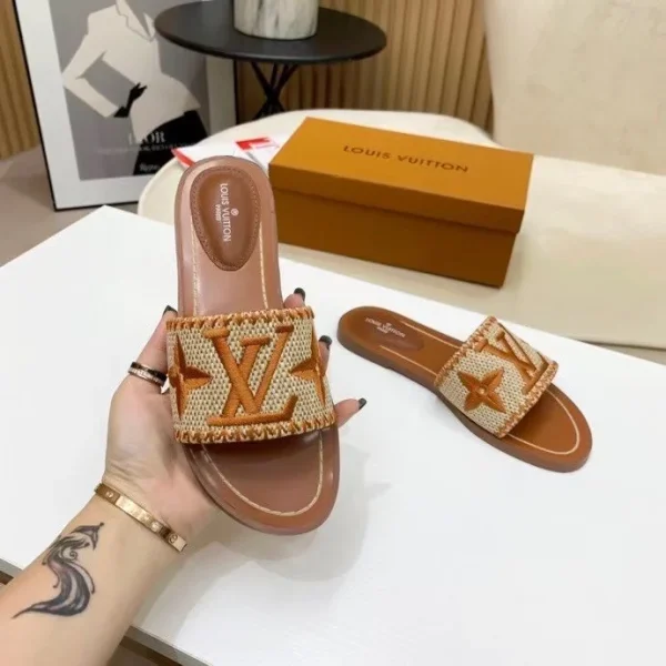 Louis Vuitton  Raffia Calfskin Monogram Lock It Flat Mules - Image 8