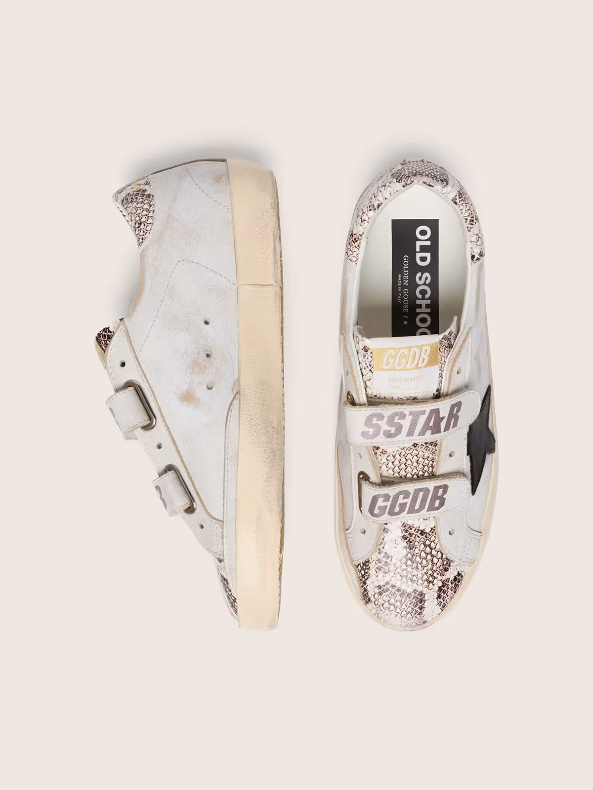 Golden Goose Old School in white leather with black leather star and snake-print - Image 3