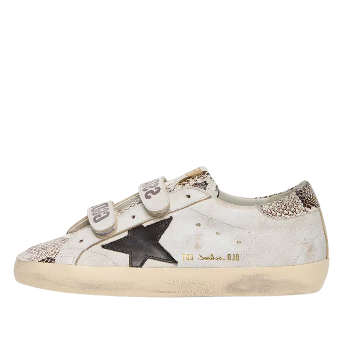 Golden Goose Old School in white leather with black leather star and snake-print